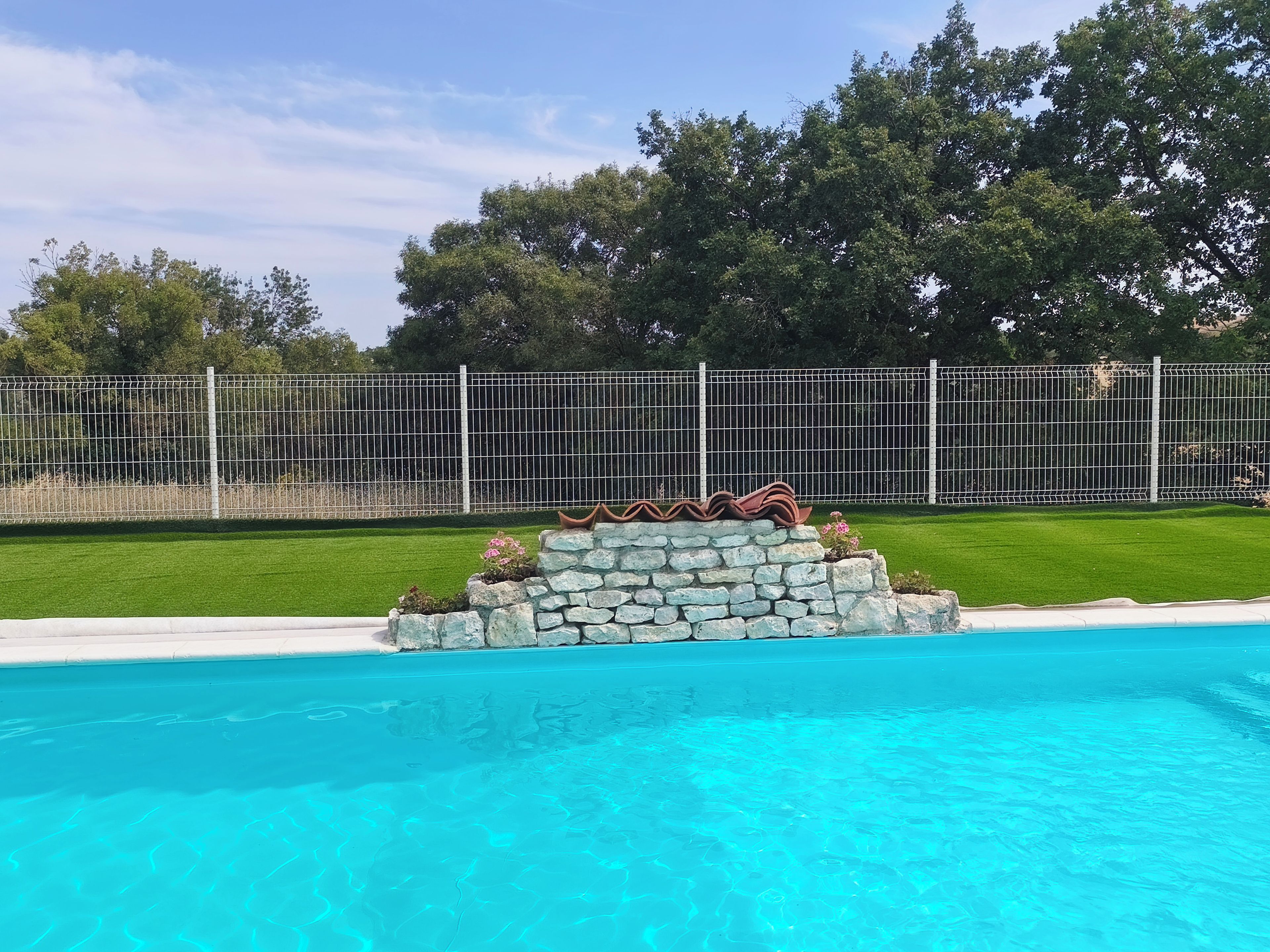 Ein Schwimmbecken mit einer Steinmauer und Pflanzen, umgeben von einem eingezäunten Garten und Bäumen.