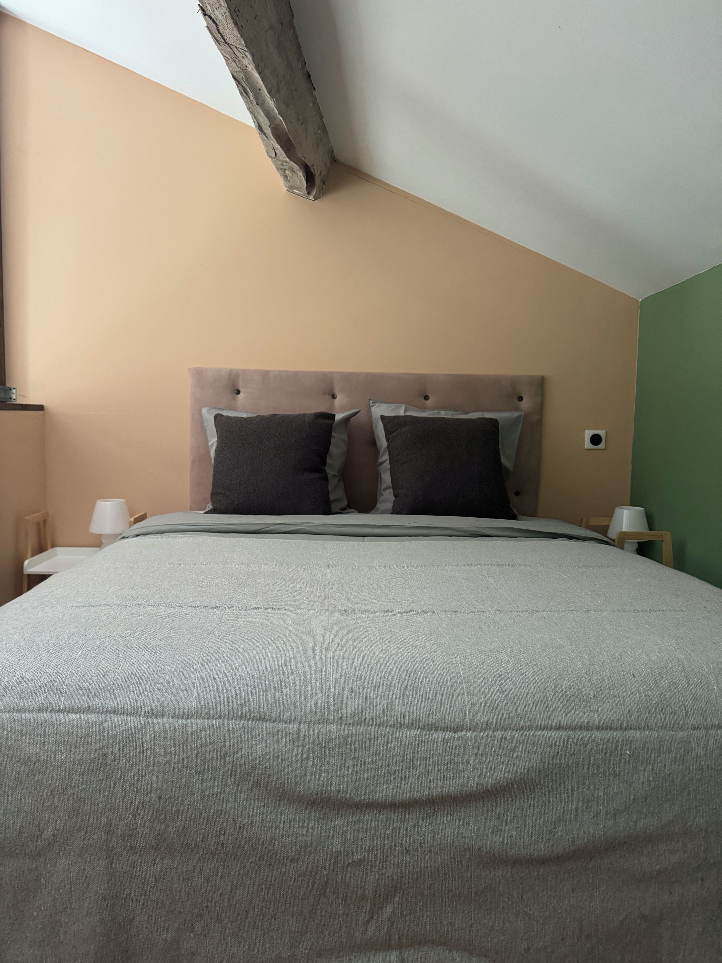 Une chambre à coucher avec un lit, deux oreillers, une table de chevet, une lampe et un luminaire fixé au mur.