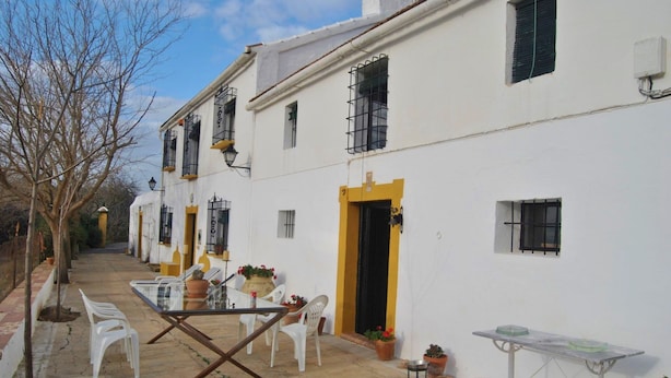 Un cortile con tavolo e sedie, piante in vaso e un edificio con numerose finestre e porte.