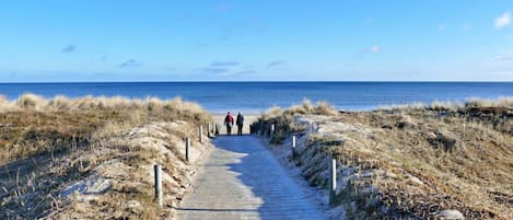 A pathway leading to the beach with two people walking.
