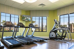 A fitness room with treadmills and an elliptical machine, large windows with a view of palm trees, and a painting on the wall. - Vacation in the most sought location near Disney (Kissimmee)