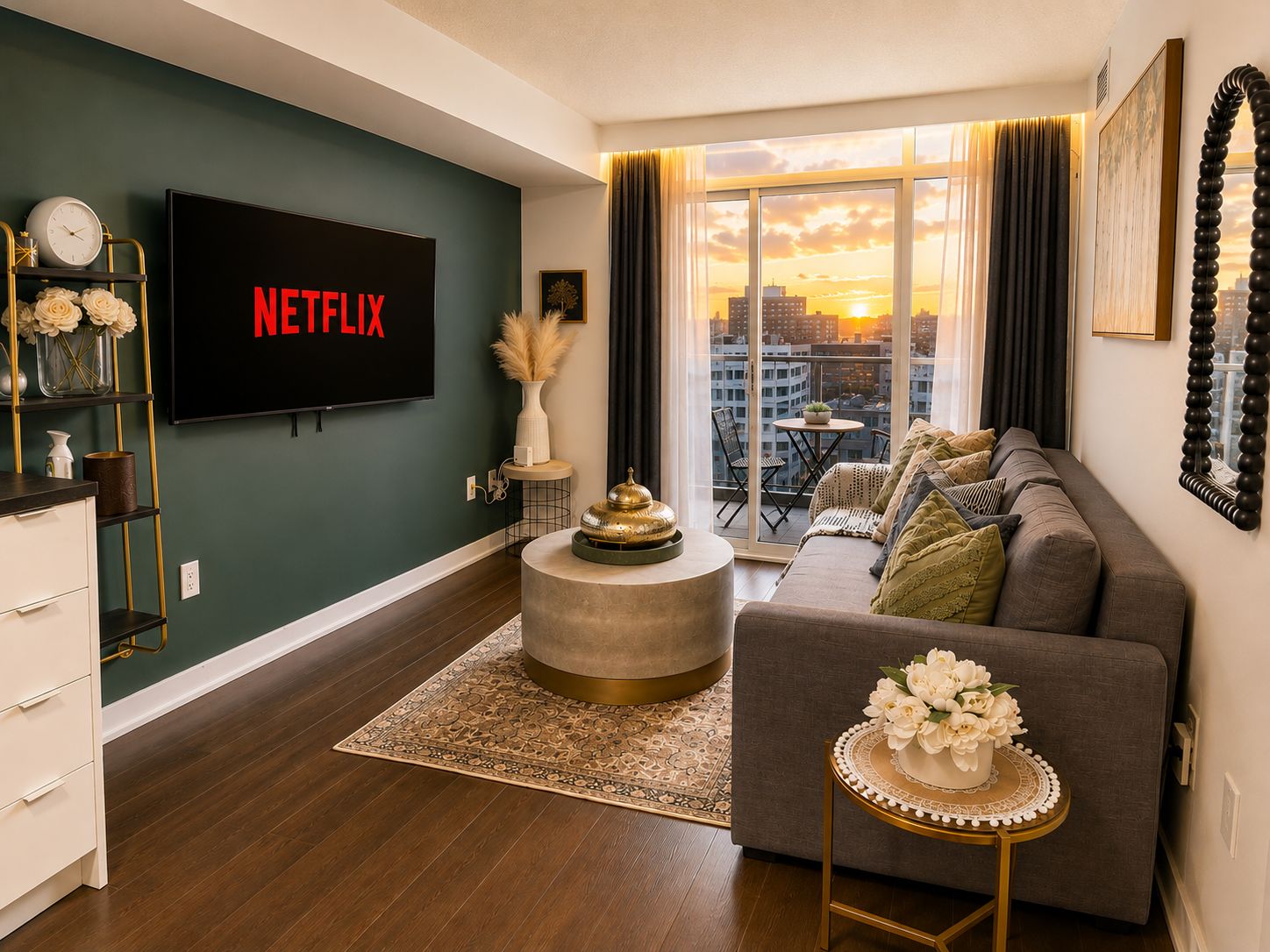 A modern living room with a flat-screen TV, a sofa, a coffee table, and a view of the cityscape through large windows.