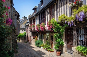 A cobblestone street lined with traditional half-timbered houses, each adorned with flowering plants and potted greenery. - Vrbo Property (Locmaria-Grand-Champ)