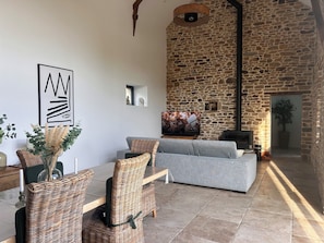 Un salon moderne avec un mur en pierre, un canapé gris, des meubles en osier et une cheminée.