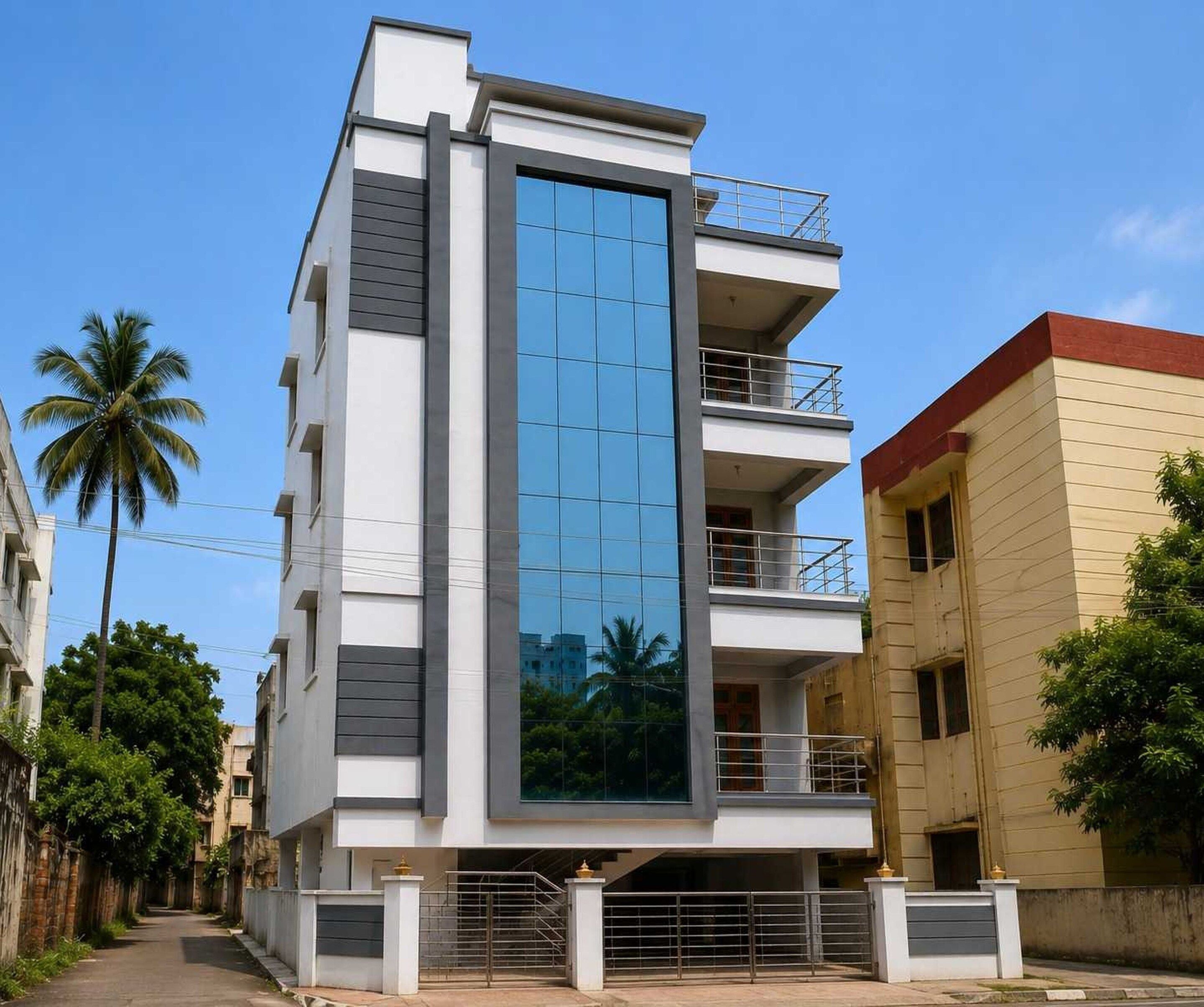A multi-story building with a central glass facade, balconies on the upper floors, and a gated entrance.
