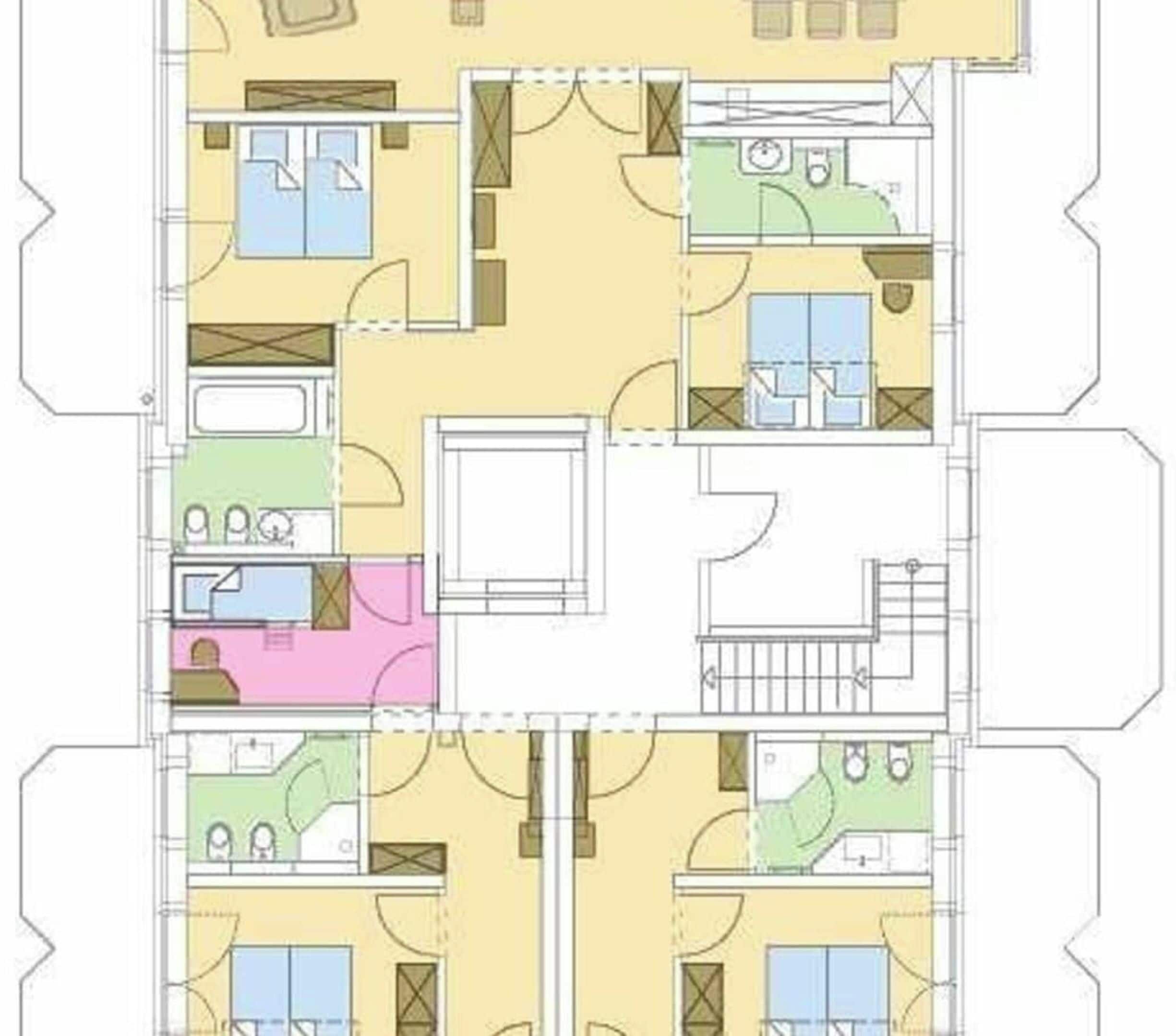 A floor plan with multiple bedrooms, bathrooms, and a kitchen area.