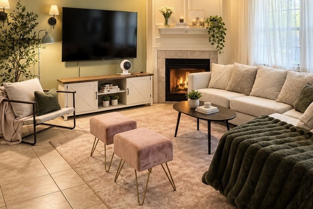A living room with a flat-screen TV, a fireplace, a sofa, and a coffee table.