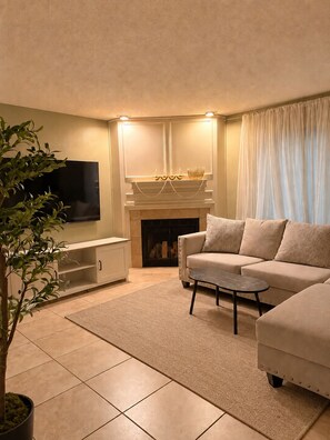Un salon avec un canapé, une table basse, un téléviseur, une cheminée et une plante.