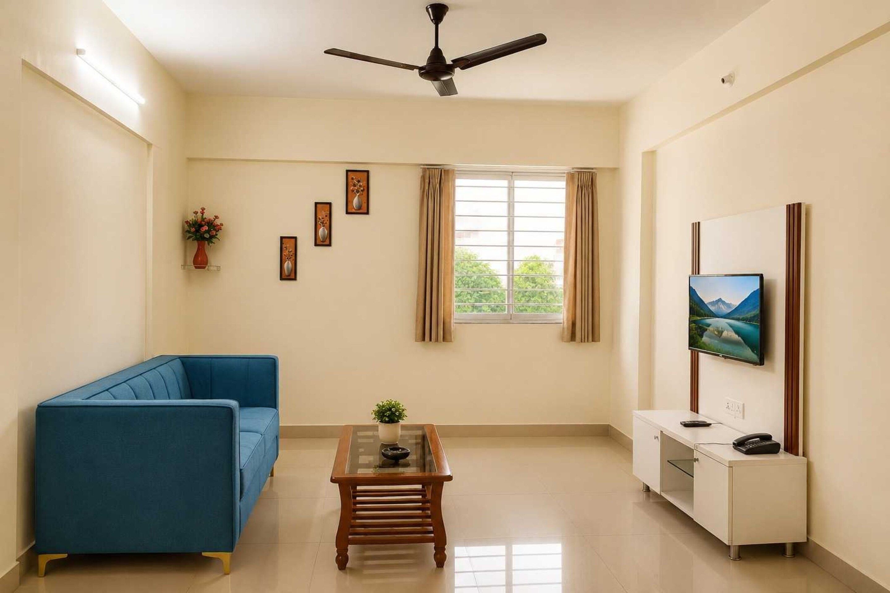 Una sala de estar con un sofá azul, una mesa de centro de vidrio, un televisor en la pared y un ventilador de techo.