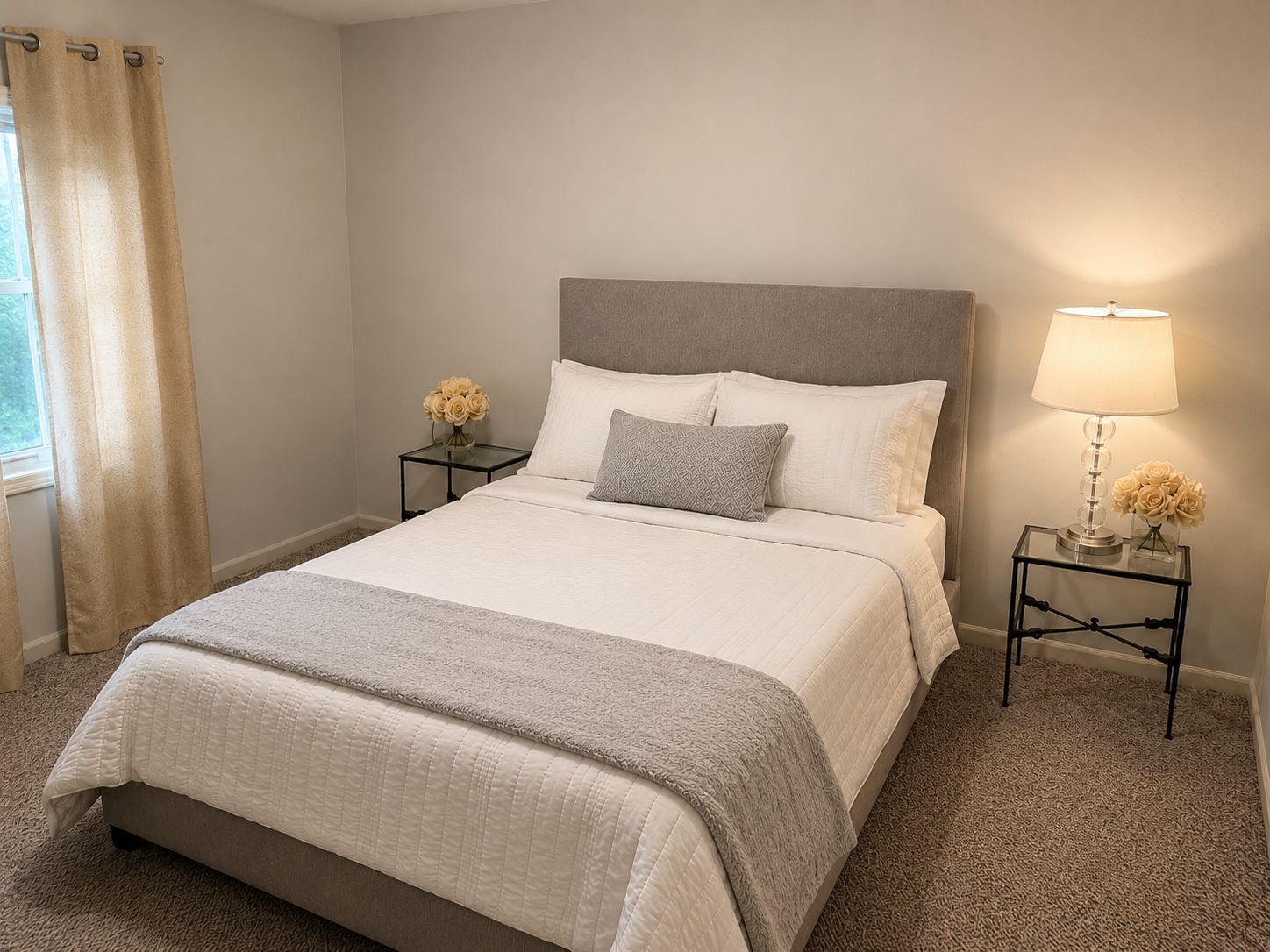 A neatly made bed with a grey headboard, two bedside tables with lamps and flower vases, and a window with curtains.