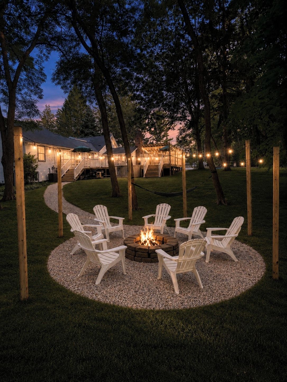 A circular outdoor seating area with a fire pit surrounded by white chairs, set against a backdrop of trees and a building with string lights.