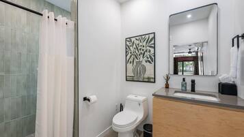 A modern bathroom with a glass shower enclosure, a toilet, a sink with a mirror, and a framed artwork on the wall.