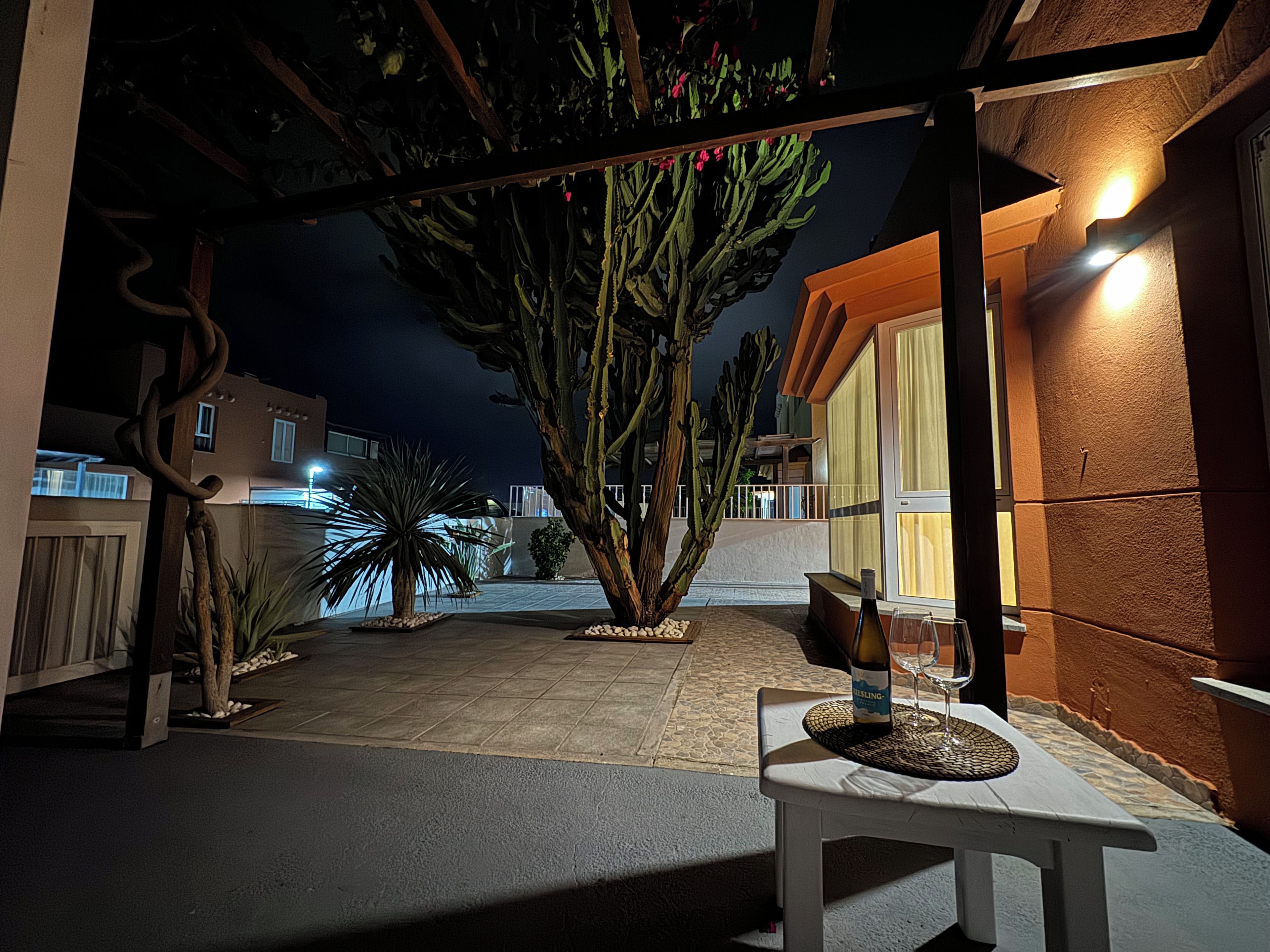 Un área de patio al aire libre con una mesa lista para comer, una gran planta de cactus y un edificio con entrada iluminada.