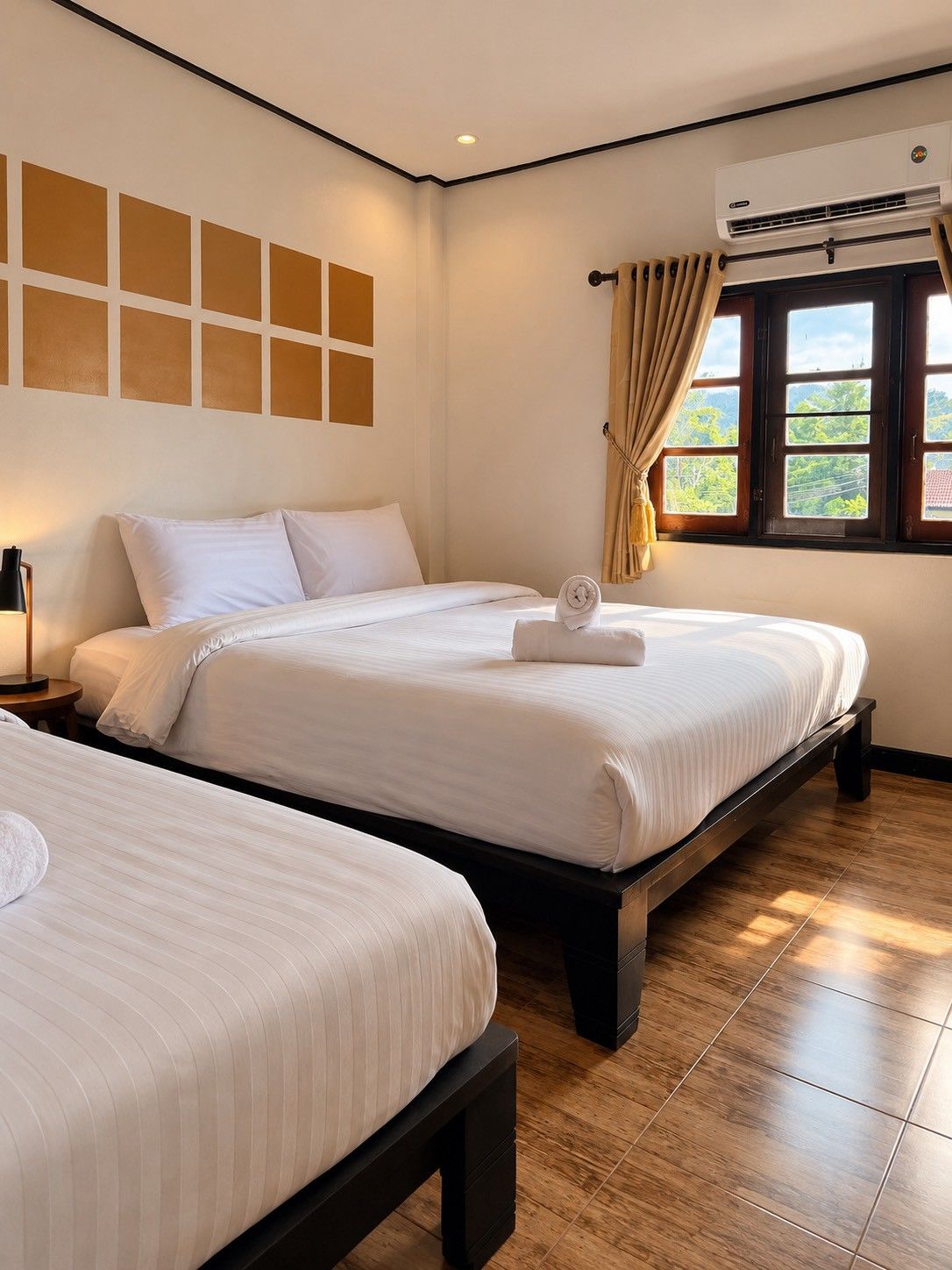 A hotel room with two beds, a window with curtains, an air conditioning unit, and a wall with a geometric pattern.
