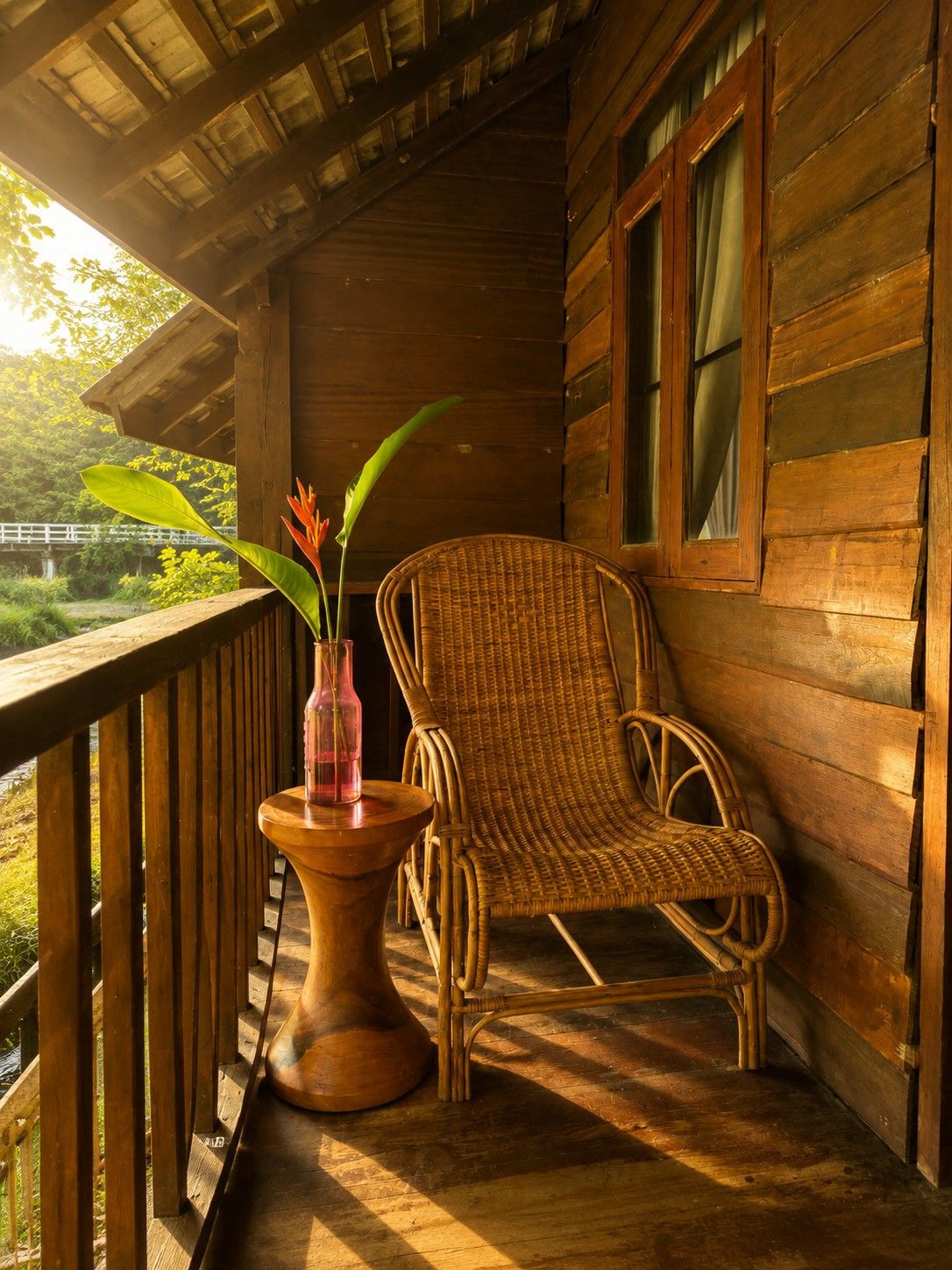 A wooden porch with a wicker chair and a vase with flowers.