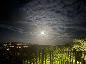 A night view of a cityscape with a sunlit sky and a balcony with palm trees. - 3-bedroom East End Villa with Pool & amazing views of the BVI islands & St John (St Thomas)