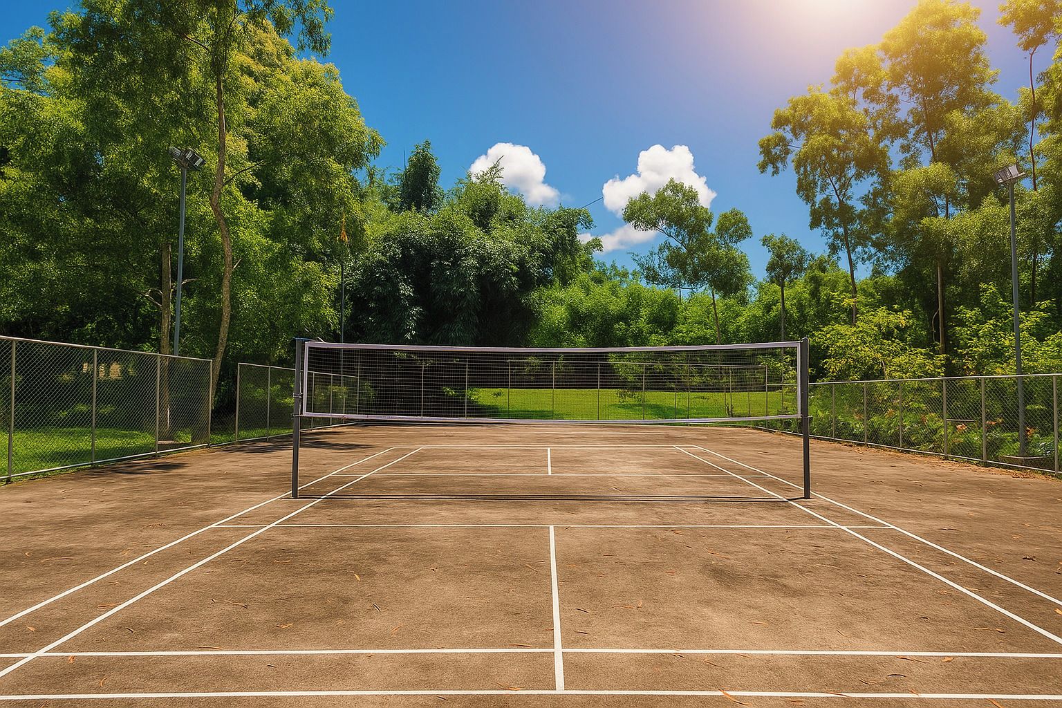 Cancha de tenis exterior con red, rodeada de árboles y un cielo despejado.