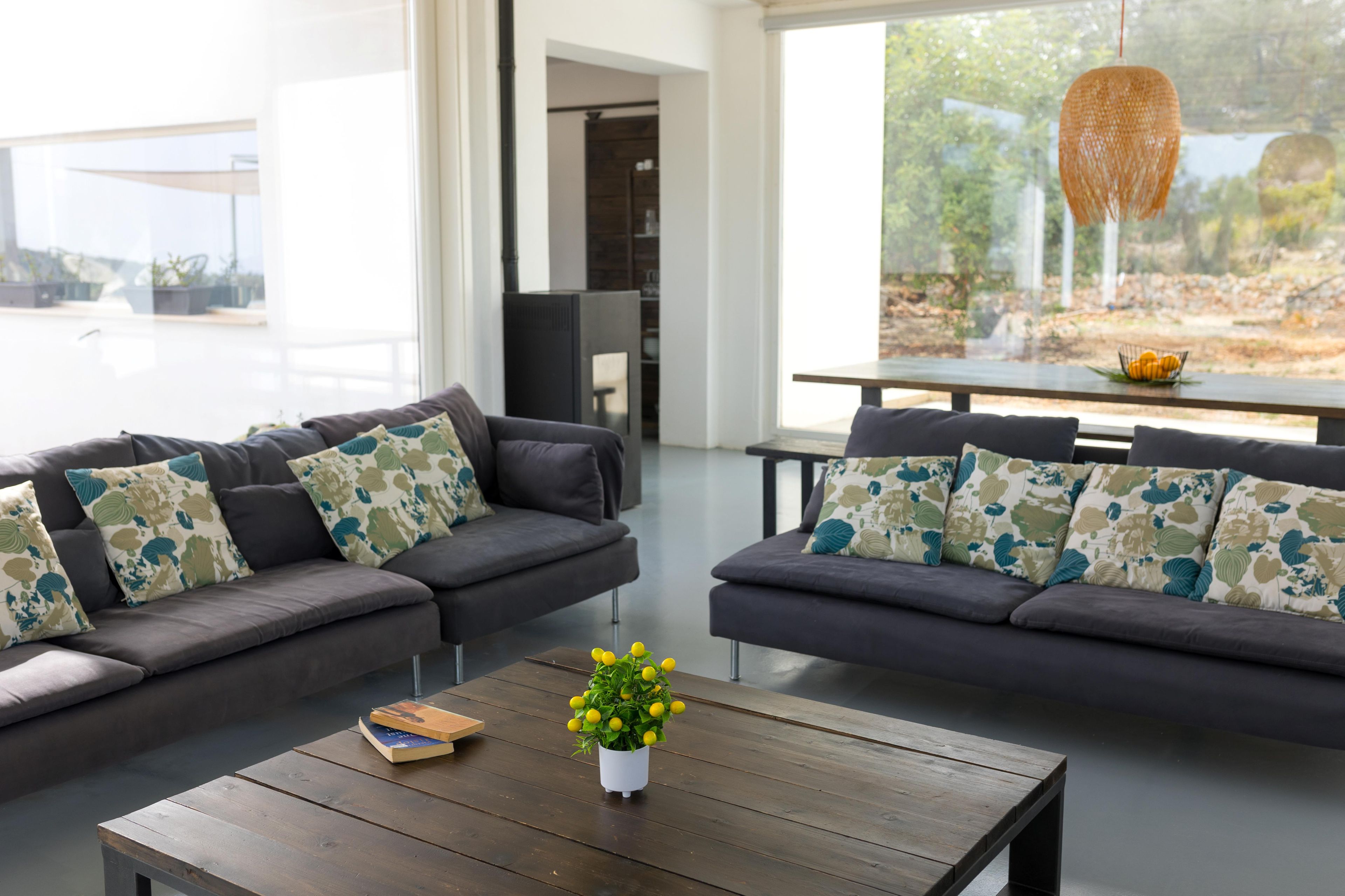A modern living room with two dark sofas, a wooden coffee table with a book and a plant, and a large window with a view of trees and a lake.