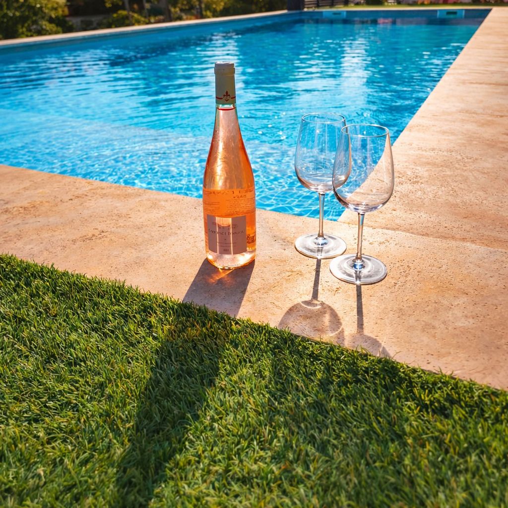 Una piscina con una botella y dos vasos en el borde.