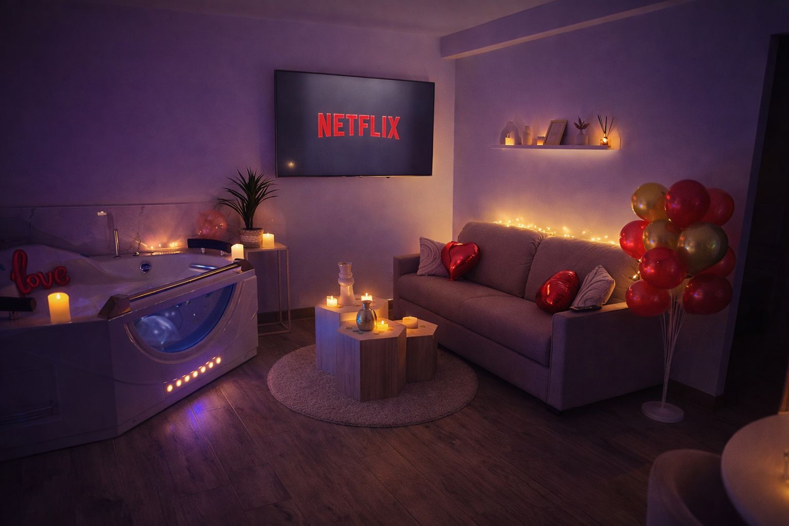 Un salon chaleureux avec un fauteuil massant, un téléviseur à écran plat diffusant du contenu de « NETFLIX », un canapé agrémenté de coussins en forme de cœur et une petite table avec des bougies.