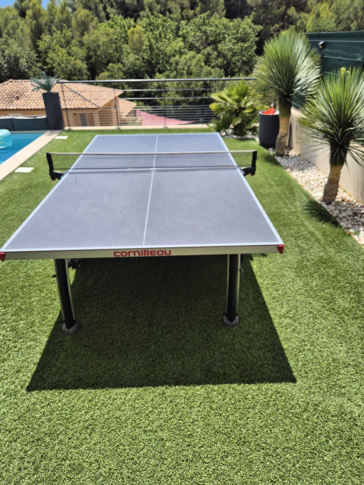 Une table de ping-pong avec un filet, installée dans un jardin avec une pelouse artificielle, entourée d’arbres et d’une piscine.