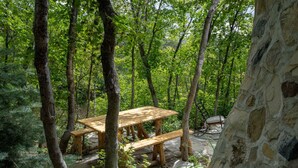 Un tavolo da picnic in legno circondato da alberi in una zona boschiva.