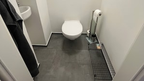 Ett litet, smalt badrum med en vit toalett, ett vitt handfat och en handduk som hänger på väggen.