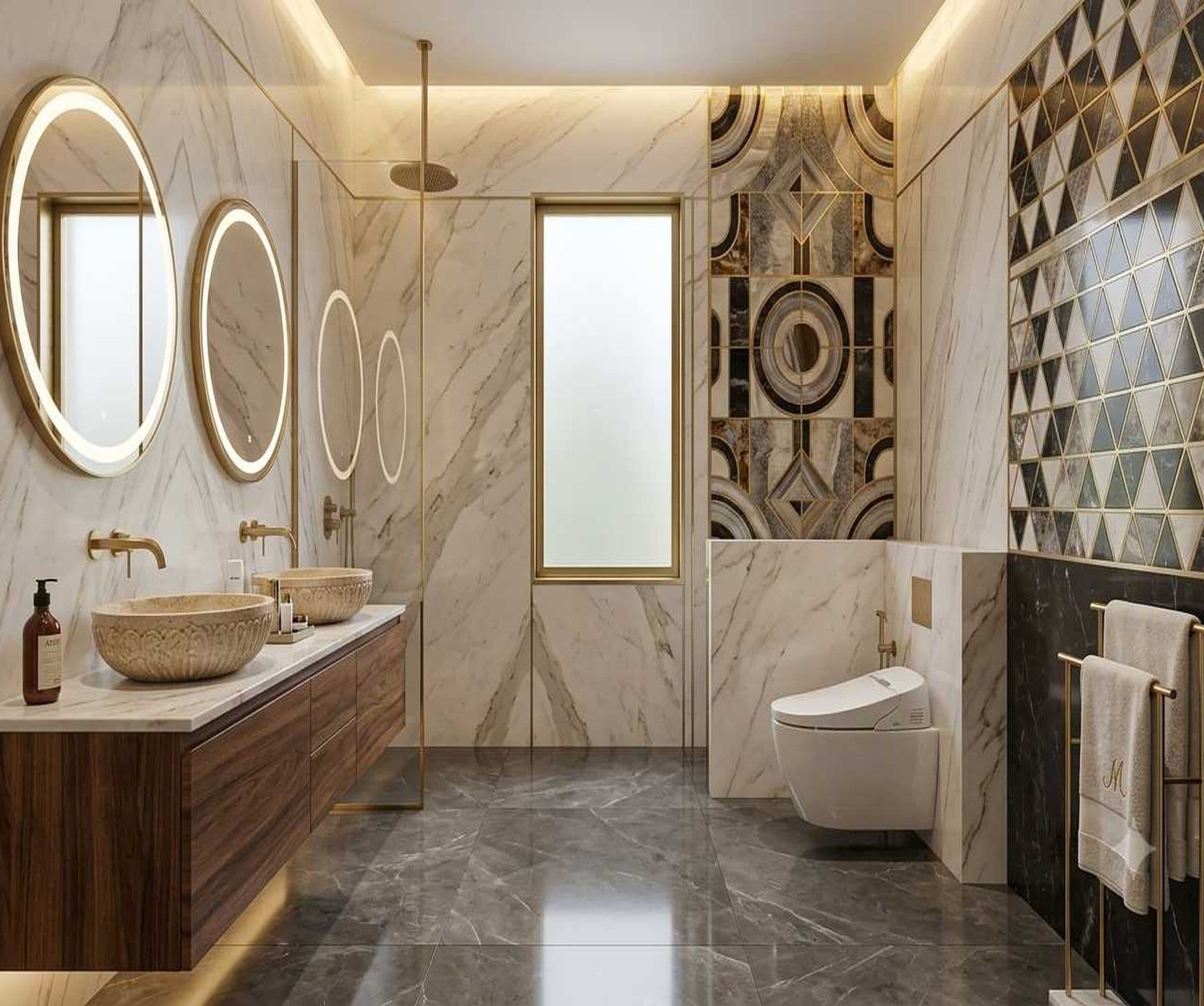 A modern bathroom with a marble vanity, dual sinks, and a freestanding toilet.