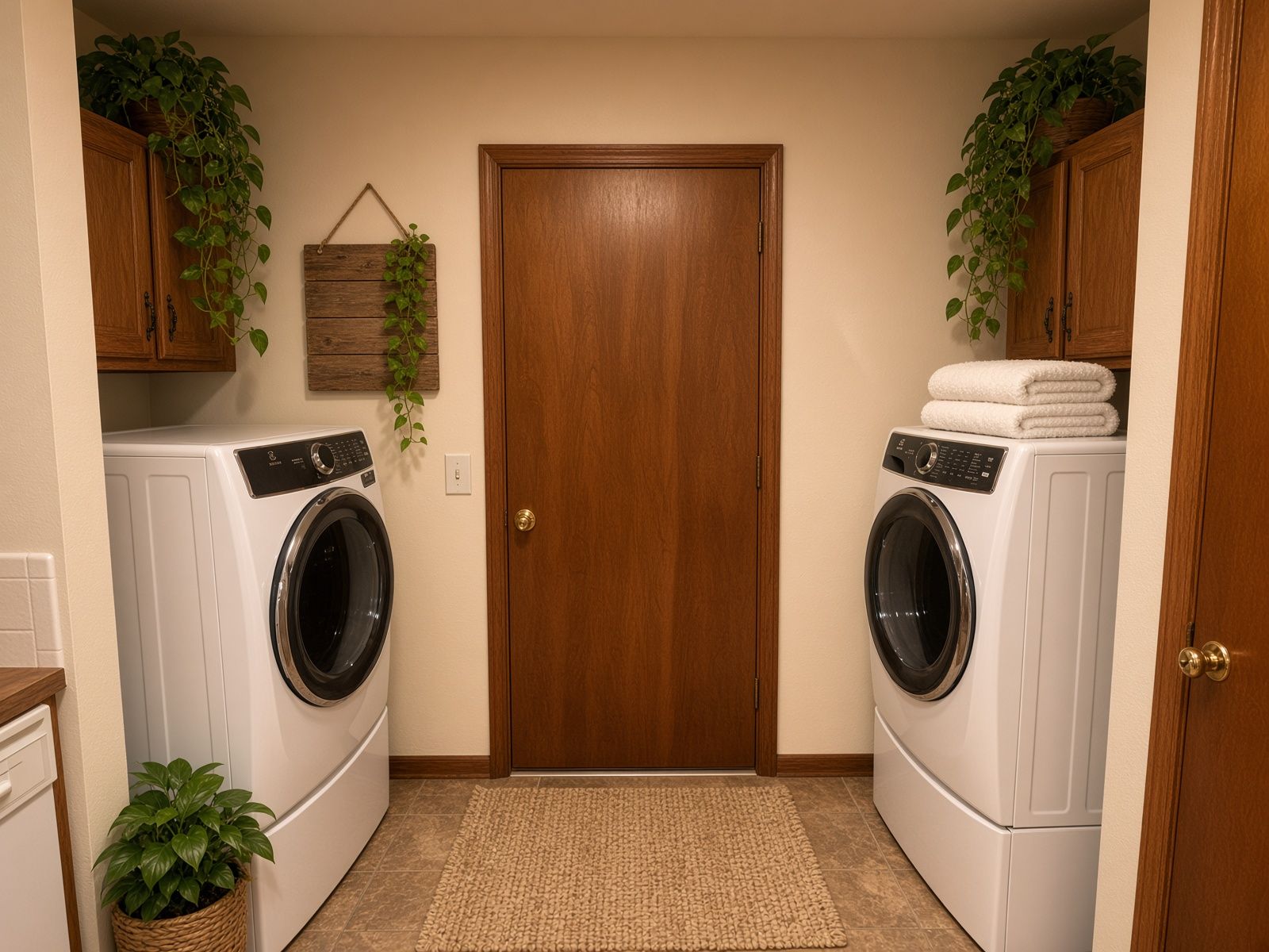 A laundry room with two front-loading washers, a wooden door, a small rug, and potted plants.