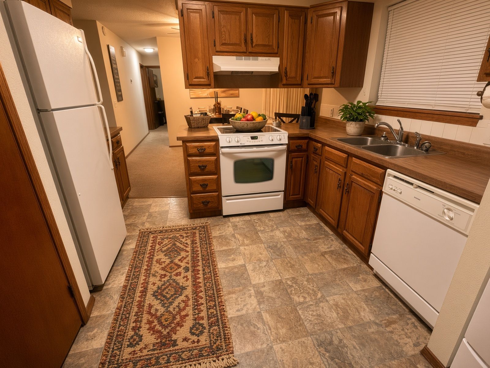A kitchen with wooden cabinets, a white refrigerator, a stove, and a dishwasher.