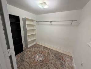 A room with a built-in closet, a patterned rug, and a ceiling light fixture.