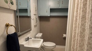 Une salle de bain équipée d’un lavabo, de toilettes et d’un rideau de douche.