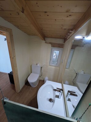 Ein kleines Badezimmer mit Holzboden, Toilette, Waschbecken und Spiegel.