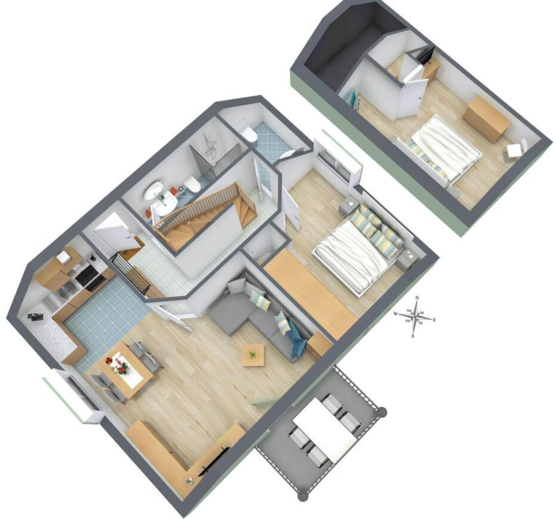 A 3D floor plan of a modern apartment with a kitchen, living area, two bedrooms, and a bathroom.