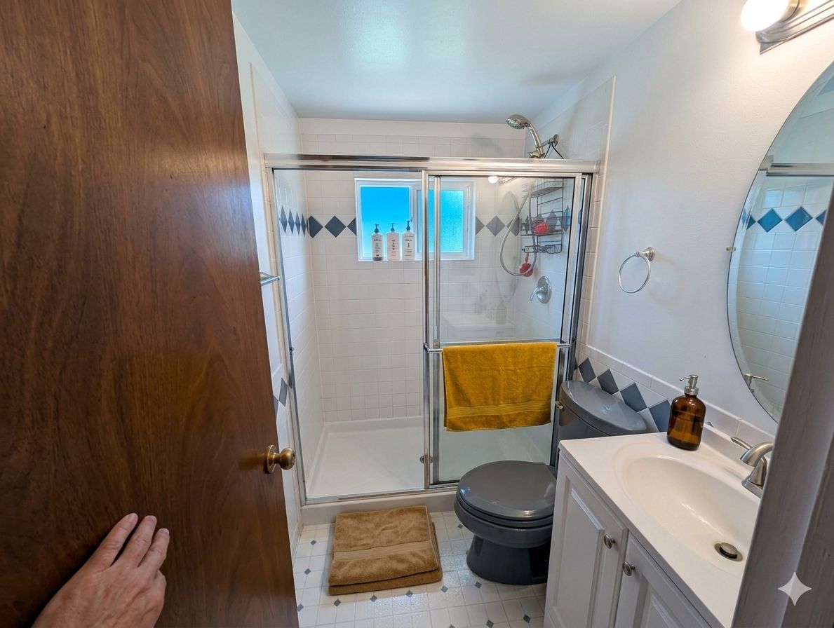 Casa de banho com cabine de chuveiro em vidro, sanita, lavatório com espelho e barra de toalhas.