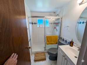 A bathroom with a glass shower enclosure, a toilet, a sink with a mirror, and a towel rack. - Spacious 4 bedrooms 2 bath rental near bus line Sundance Film Festival 2027 (Boulder)