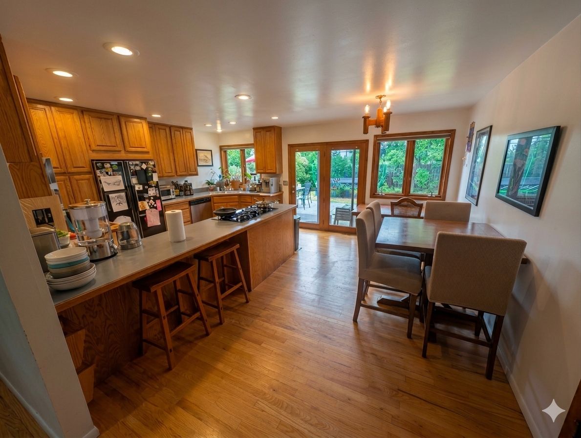 A spacious kitchen with wooden cabinets, a central island with stools, and a dining area with chairs.