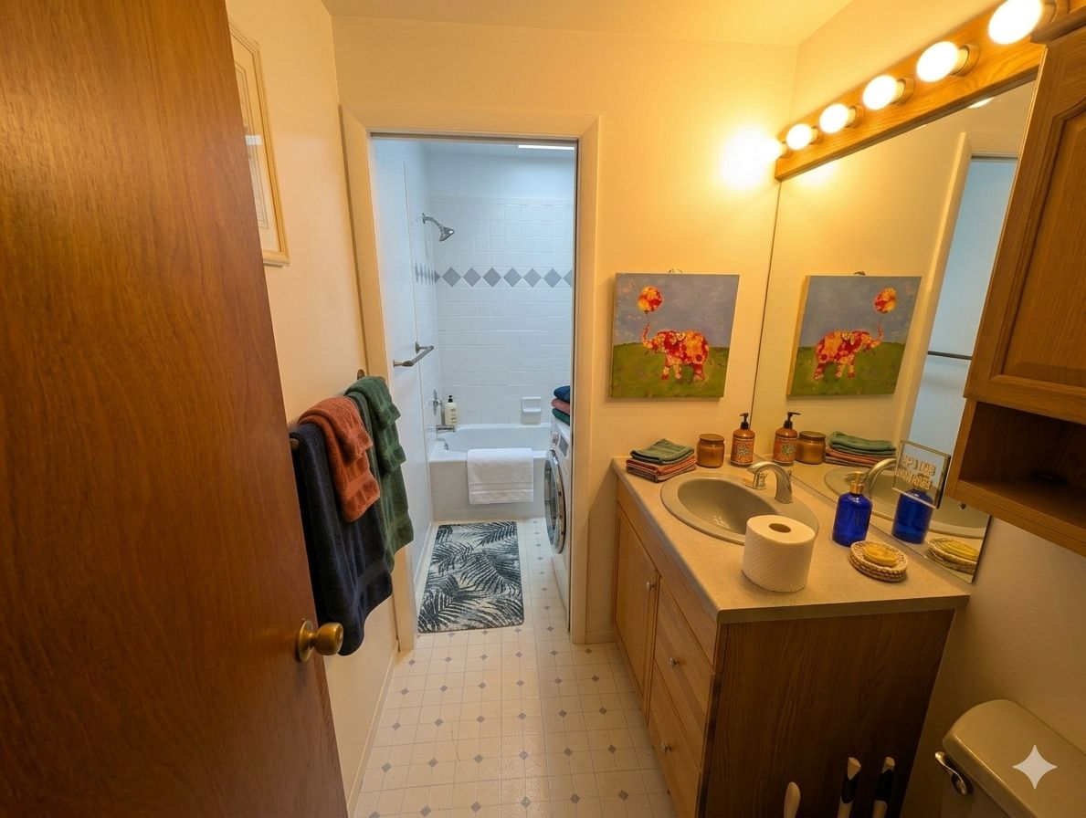 Une salle de bain équipée d’un lavabo, d’un miroir et d’un porte-serviettes.