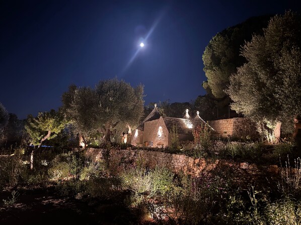 Ein Steinhaus mit einem Reetdach, umgeben von Bäumen und beleuchtet durch künstliches Licht.