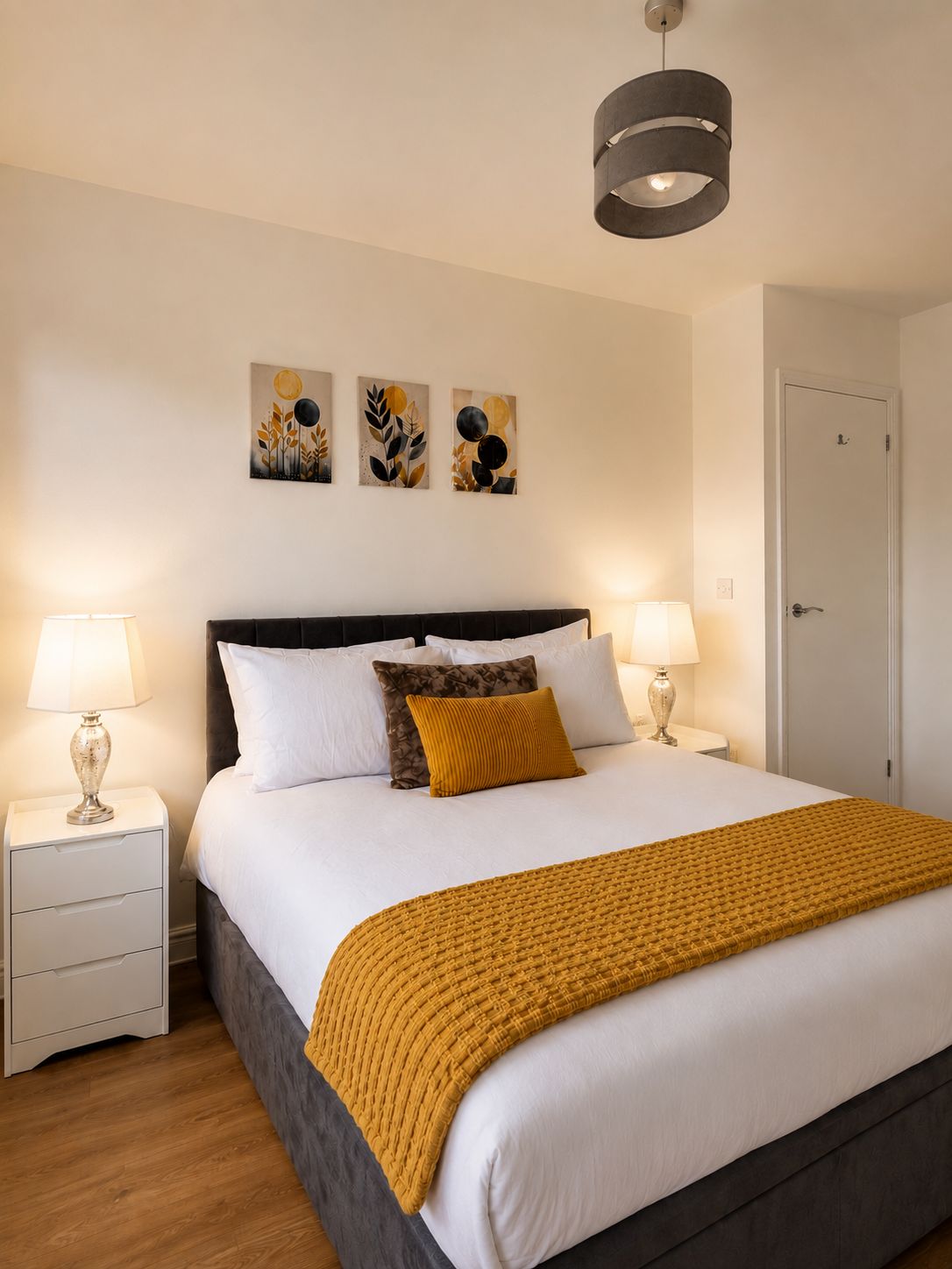 Quarto com cama, duas mesas de cabeceira com abajures, uma porta e três obras de arte penduradas na parede.