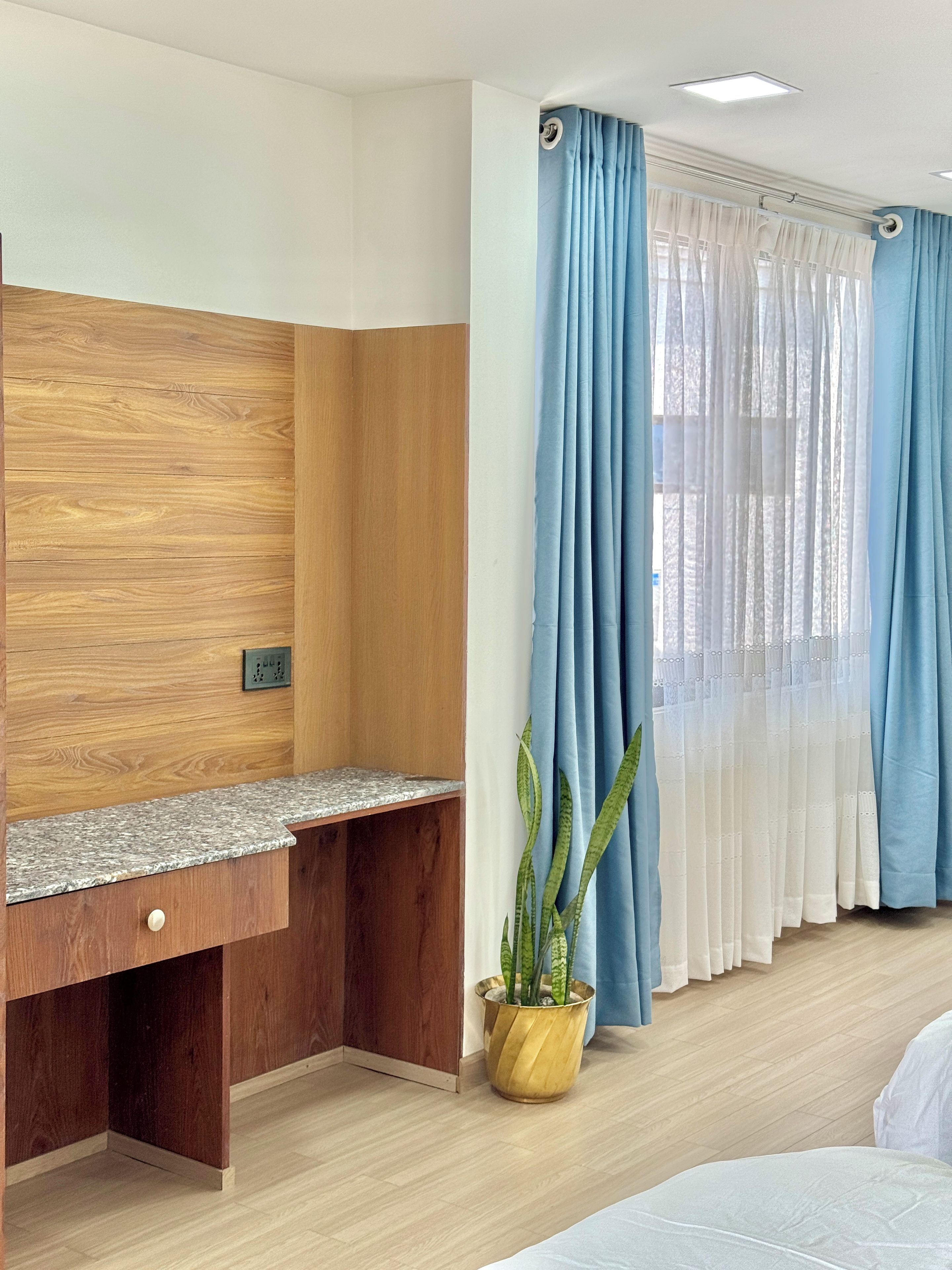 A room with a wooden desk, a potted plant, and a window with blue curtains.