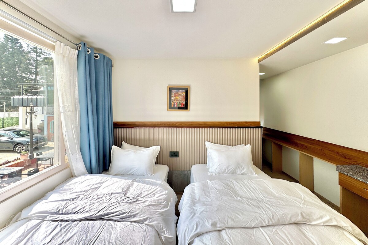 Habitación de hotel con dos camas, una ventana con cortinas, un cuadro en la pared y una lámpara en el techo.