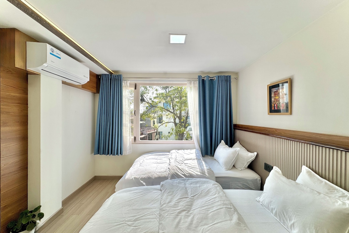 Habitación de hotel con dos camas, una ventana con cortinas, un equipo de aire acondicionado, una planta en maceta y un cuadro en la pared.