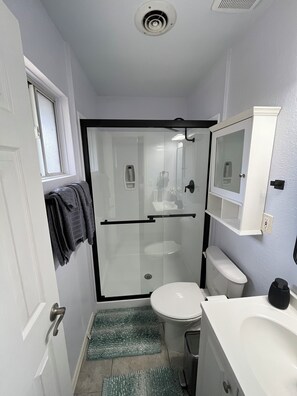 A compact bathroom with a glass-enclosed shower, a white toilet, and a sink with a mirror above it. - Lovely 4-bedroom house in Flagstaff perfect for your getaway (Flagstaff)