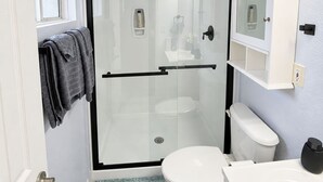 A compact bathroom with a glass-enclosed shower, a white toilet, a sink, and a mirror above the sink.