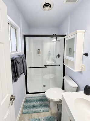Shower, hair dryer, towels, soap