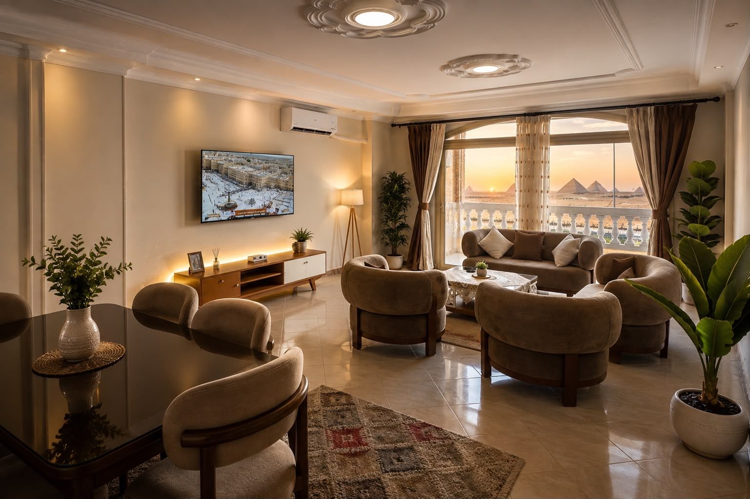 A modern living room with a sofa set, a coffee table, and a TV mounted on the wall.