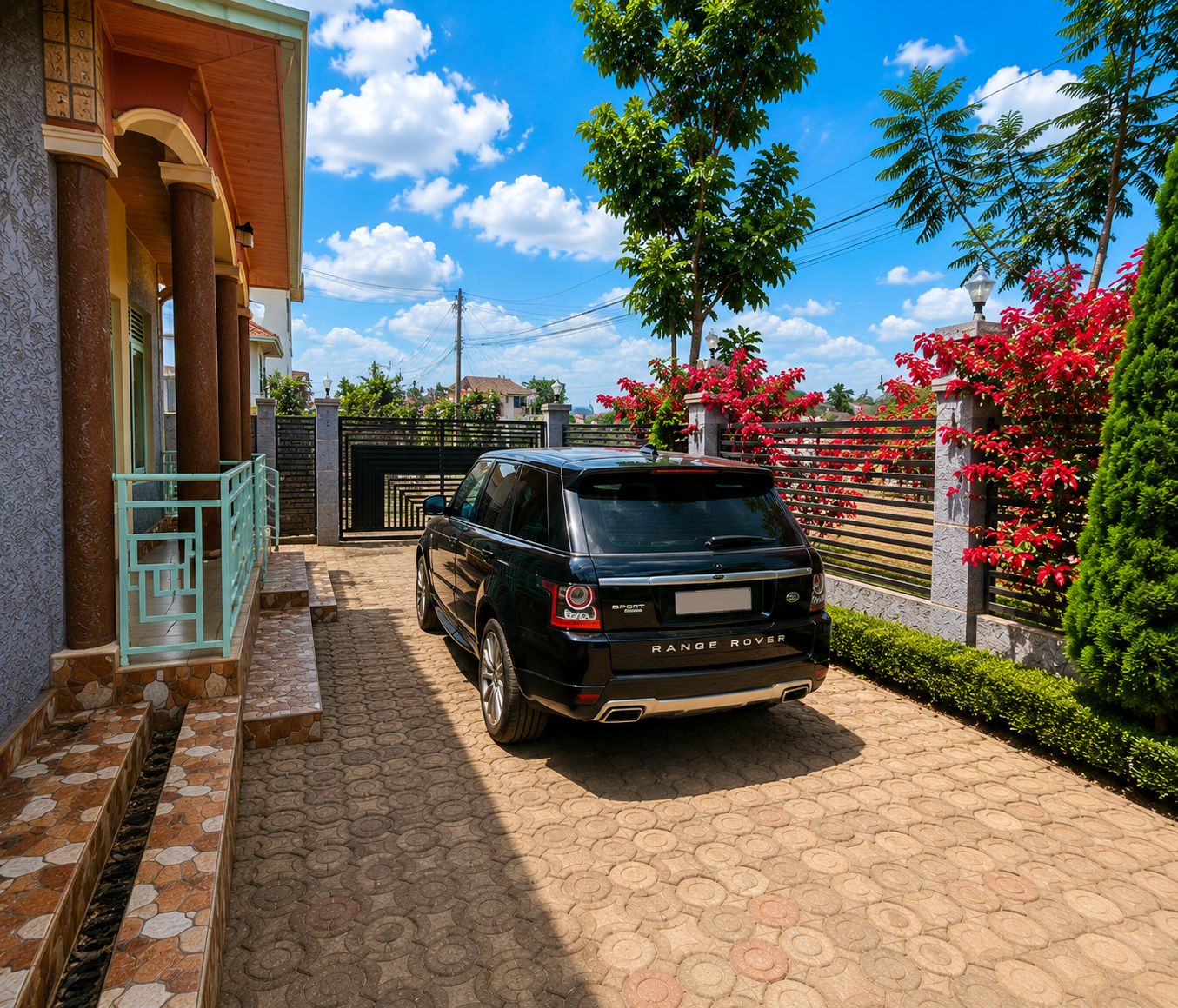 A black Range Rover parked in a driveway with a gated entrance, surrounded by lush greenery and a clear blue sky.