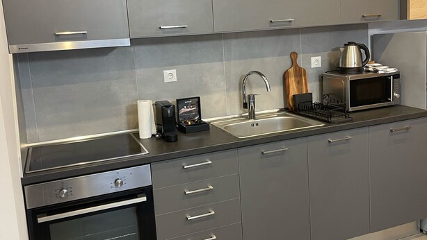 A modern kitchen with grey cabinets, stainless steel appliances, and a wooden countertop. - Villa Art Dome (Paralia)