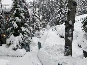 A snow-covered pathway flanked by trees and a building with a visible entrance. - Renovated Blackcomb Townhome with Private Hot Tub & Easy Ski Access (Whistler)